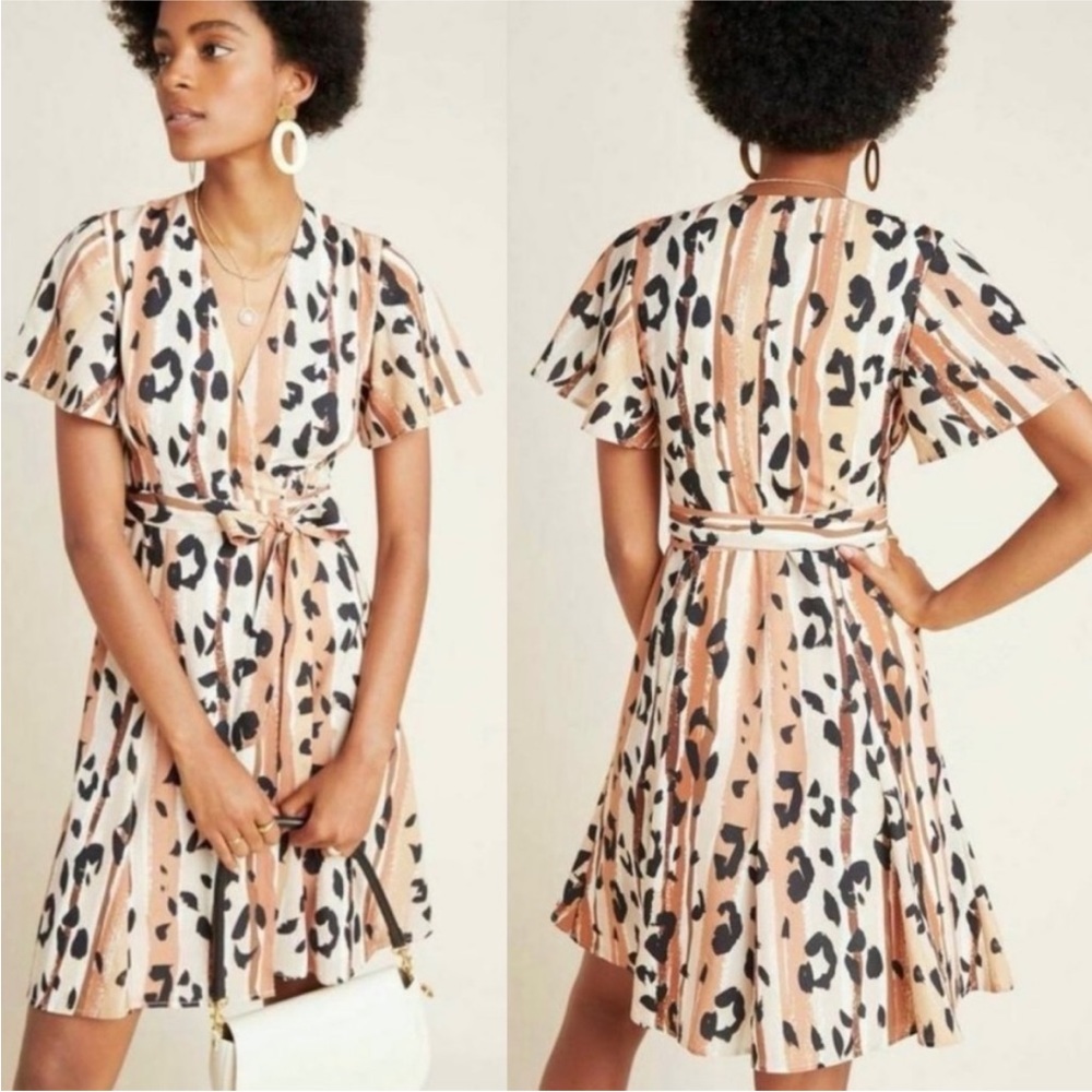 Anthropologie Hutch Blaise Wrap Dress in Animal Print Coffee Size Large